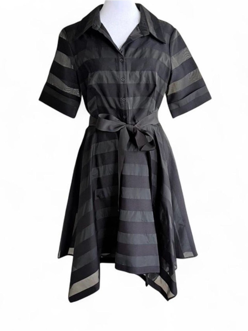 Badgley Mischka Black Striped Asymmetrical Shirt Dress with Tie